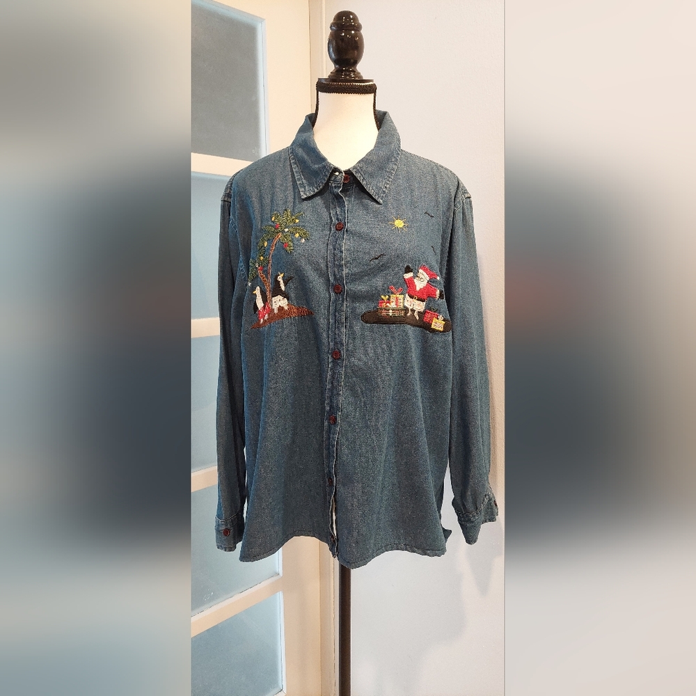 White Stag Blue Blouse with Colorful Embroidery